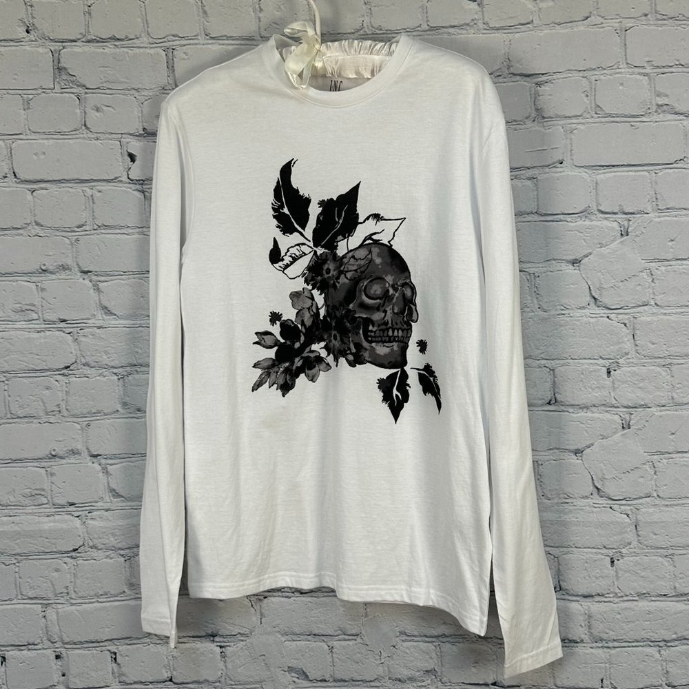 INC Unisex Jewel Tone Skull Graphic Front Long Sleeve‎ Tee, 100% Cotton, White